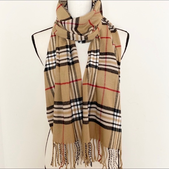 5🌟 REVIEWS - 100% Cashmere Tan Plaid Scarf - Picture 3 of 7